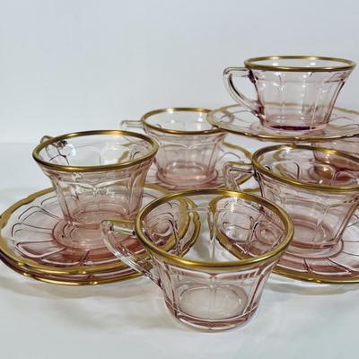 LOT 243: Pick Depression Glass with Gold Rim Collection: Tib-Bit Tray, Dessert Dishes, Teacups
