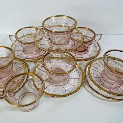 LOT 243: Pick Depression Glass with Gold Rim Collection: Tib-Bit Tray, Dessert Dishes, Teacups