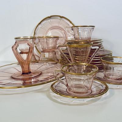 LOT 243: Pick Depression Glass with Gold Rim Collection: Tib-Bit Tray, Dessert Dishes, Teacups