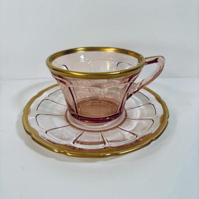 LOT 243: Pick Depression Glass with Gold Rim Collection: Tib-Bit Tray, Dessert Dishes, Teacups