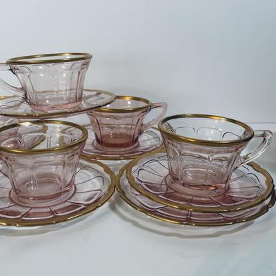 LOT 243: Pick Depression Glass with Gold Rim Collection: Tib-Bit Tray, Dessert Dishes, Teacups