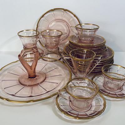 LOT 243: Pick Depression Glass with Gold Rim Collection: Tib-Bit Tray, Dessert Dishes, Teacups