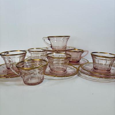 LOT 243: Pick Depression Glass with Gold Rim Collection: Tib-Bit Tray, Dessert Dishes, Teacups