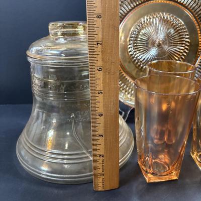 LOT 244: Bicentennial Amber Glass Liberty Bell Cookie Jar, Iridescent Marigold Tumblers & Serving Plate