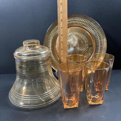 LOT 244: Bicentennial Amber Glass Liberty Bell Cookie Jar, Iridescent Marigold Tumblers & Serving Plate
