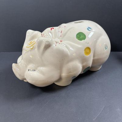 LOT 245 Vintage Ceramic Pig Collection: Relco Black Piggy Band, Polka Dot Piggy Bank, "Toby" Pig Pitcher and Little Girl Pig