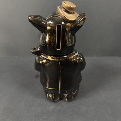 LOT 245 Vintage Ceramic Pig Collection: Relco Black Piggy Band, Polka Dot Piggy Bank, "Toby" Pig Pitcher and Little Girl Pig