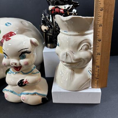 LOT 245 Vintage Ceramic Pig Collection: Relco Black Piggy Band, Polka Dot Piggy Bank, "Toby" Pig Pitcher and Little Girl Pig