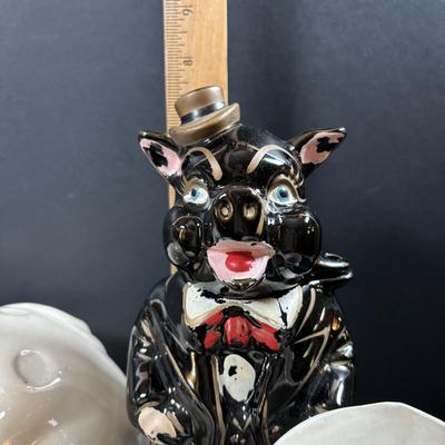 LOT 245 Vintage Ceramic Pig Collection: Relco Black Piggy Band, Polka Dot Piggy Bank, "Toby" Pig Pitcher and Little Girl Pig