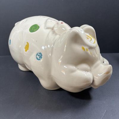 LOT 245 Vintage Ceramic Pig Collection: Relco Black Piggy Band, Polka Dot Piggy Bank, "Toby" Pig Pitcher and Little Girl Pig