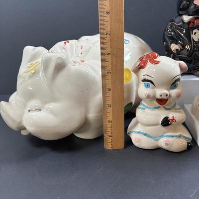 LOT 245 Vintage Ceramic Pig Collection: Relco Black Piggy Band, Polka Dot Piggy Bank, "Toby" Pig Pitcher and Little Girl Pig