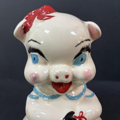 LOT 245 Vintage Ceramic Pig Collection: Relco Black Piggy Band, Polka Dot Piggy Bank, "Toby" Pig Pitcher and Little Girl Pig
