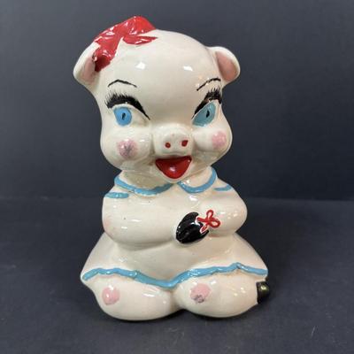 LOT 245 Vintage Ceramic Pig Collection: Relco Black Piggy Band, Polka Dot Piggy Bank, "Toby" Pig Pitcher and Little Girl Pig