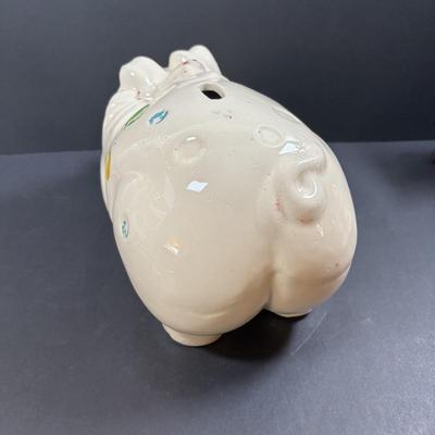 LOT 245 Vintage Ceramic Pig Collection: Relco Black Piggy Band, Polka Dot Piggy Bank, "Toby" Pig Pitcher and Little Girl Pig