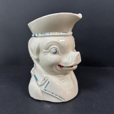 LOT 245 Vintage Ceramic Pig Collection: Relco Black Piggy Band, Polka Dot Piggy Bank, "Toby" Pig Pitcher and Little Girl Pig