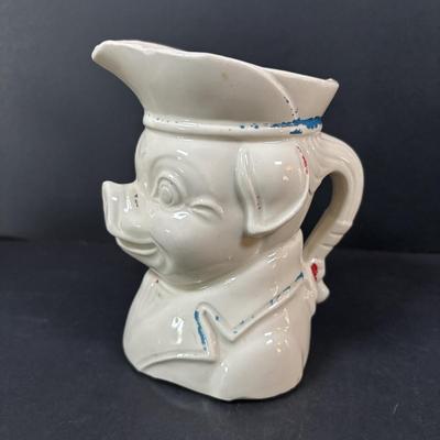 LOT 245 Vintage Ceramic Pig Collection: Relco Black Piggy Band, Polka Dot Piggy Bank, "Toby" Pig Pitcher and Little Girl Pig