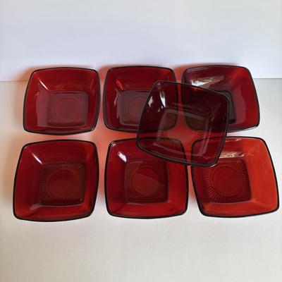 LOT 257: Anchor Hocking Royal Ruby Charm Square Glassware Collection