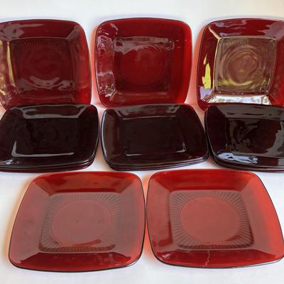 LOT 257: Anchor Hocking Royal Ruby Charm Square Glassware Collection
