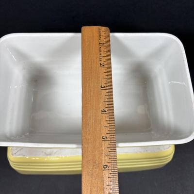 LOT 261: Hall for Westing House Refrigerator Dishes (no lids), Brown Glaze Bowl USA, Shawnee Cat Creamer, National Dairy Orange Juice...