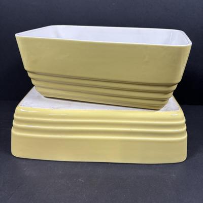 LOT 261: Hall for Westing House Refrigerator Dishes (no lids), Brown Glaze Bowl USA, Shawnee Cat Creamer, National Dairy Orange Juice...
