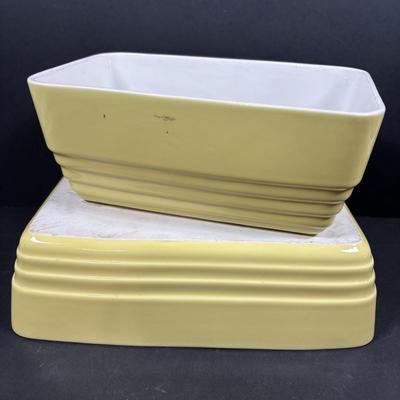 LOT 261: Hall for Westing House Refrigerator Dishes (no lids), Brown Glaze Bowl USA, Shawnee Cat Creamer, National Dairy Orange Juice...