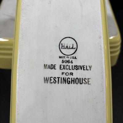 LOT 261: Hall for Westing House Refrigerator Dishes (no lids), Brown Glaze Bowl USA, Shawnee Cat Creamer, National Dairy Orange Juice...