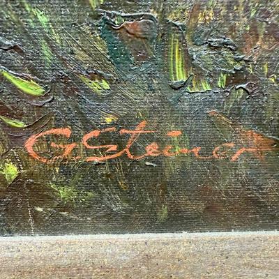 Sale Photo Thumbnail #592: Approx. 33” x 29”, good condition except for a small split in the paint to the left of the windmill (canvas is OK). Artist is G. Steiner, looks to be inspired by a work titled “In the Month Of July” by Herbe.