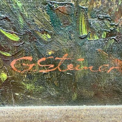 Sale Photo Thumbnail #593: Approx. 33” x 29”, good condition except for a small split in the paint to the left of the windmill (canvas is OK). Artist is G. Steiner, looks to be inspired by a work titled “In the Month Of July” by Herbe.