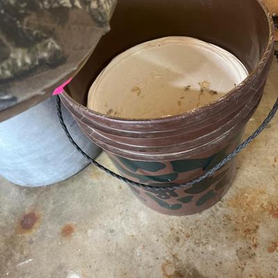 Sale Photo Thumbnail #299: Table, stew pot with jar holder, chair hunting bucket, etc
