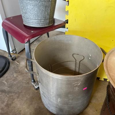Sale Photo Thumbnail #298: Table, stew pot with jar holder, chair hunting bucket, etc