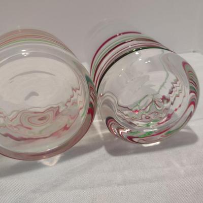 Blown Glasses with Red and Green Swirl- 6 of Each Highball and Lowball- One Dozen Pieces Total
