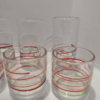 Blown Glasses with Red and Green Swirl- 6 of Each Highball and Lowball- One Dozen Pieces Total