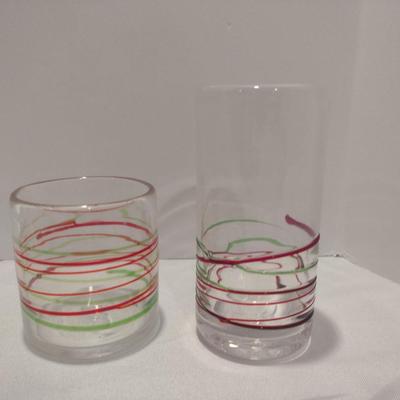Blown Glasses with Red and Green Swirl- 6 of Each Highball and Lowball- One Dozen Pieces Total