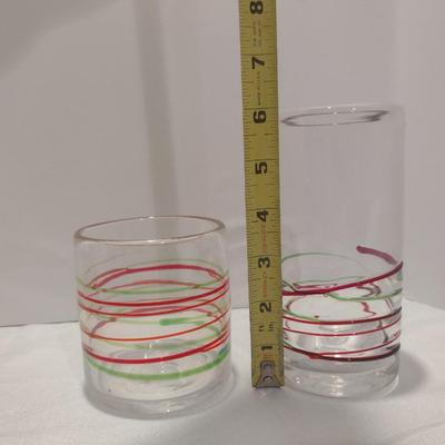 Blown Glasses with Red and Green Swirl- 6 of Each Highball and Lowball- One Dozen Pieces Total