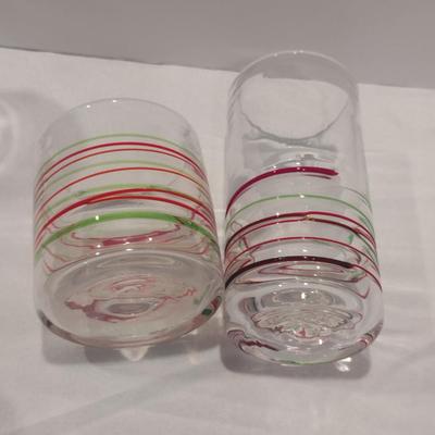 Blown Glasses with Red and Green Swirl- 6 of Each Highball and Lowball- One Dozen Pieces Total