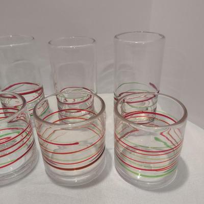Blown Glasses with Red and Green Swirl- 6 of Each Highball and Lowball- One Dozen Pieces Total