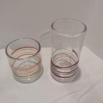 Blown Glasses with Red and Green Swirl- 6 of Each Highball and Lowball- One Dozen Pieces Total