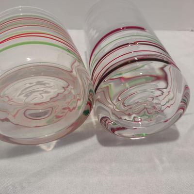 Blown Glasses with Red and Green Swirl- 6 of Each Highball and Lowball- One Dozen Pieces Total