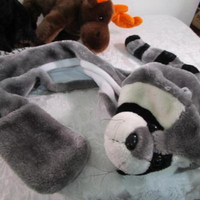 3 Ty stuffed animals, 1 stuffed lizard, 1 raccoon hat with gloved ends