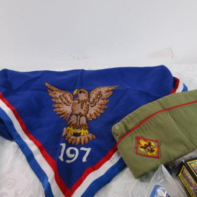 Vintage scout hat, embroidered neckerchief, & Scout Supplies