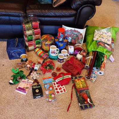 CHRISTMAS GIFT WRAP, RIBBON, COFFEE MUGS, ORNAMENTS AND MORE