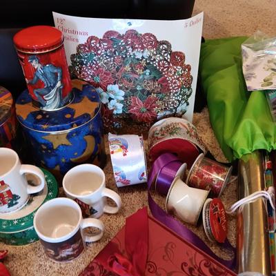 CHRISTMAS GIFT WRAP, RIBBON, COFFEE MUGS, ORNAMENTS AND MORE