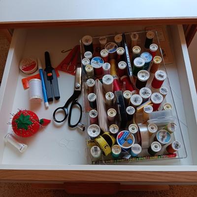 SEWING MACHINE CABINET ON CASTERS WITH VARIOUS NOTIONS
