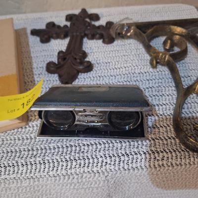 Sale Photo Thumbnail #492: cookbook, metal wall cross, a wall hook to hang a plant and vintage pocket binoculars