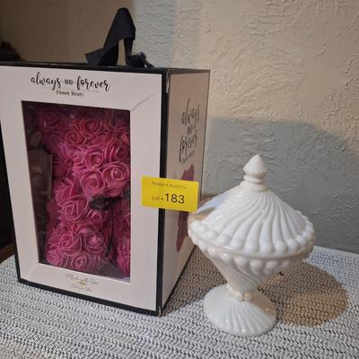 Sale Photo Thumbnail #495: Flower bear and milk glass dish