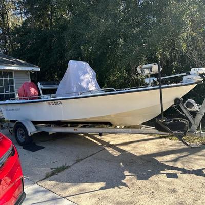 Sale Photo Thumbnail #1: 2003 Blazer Bay 18.5 foot fiber glass boat with 115 hp Yamaha 2 stroke engine with oil reservoir and new 2023 Minn Kota Terrova Trolling motor and starline drive on aluminum trailer. All in good working order.