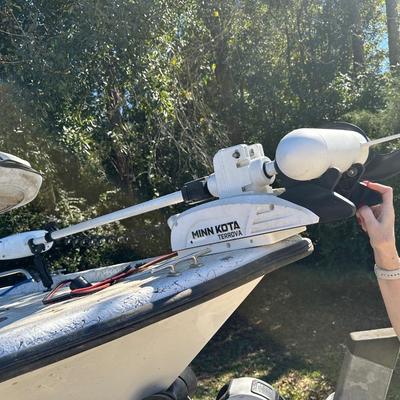 Sale Photo Thumbnail #2: 2003 Blazer Bay 18.5 foot fiber glass boat with 115 hp Yamaha 2 stroke engine with oil reservoir and new 2023 Minn Kota Terrova Trolling motor and starline drive on aluminum trailer. All in good working order.