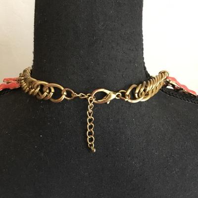 Super cool, vintage, enamel, coral statement, necklace, gold toned