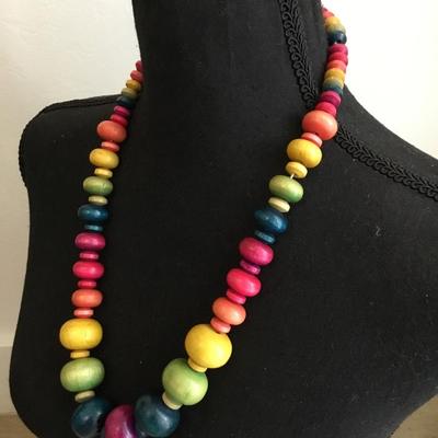 Cool vintage, multicolored, wood beaded, chunky statement necklace