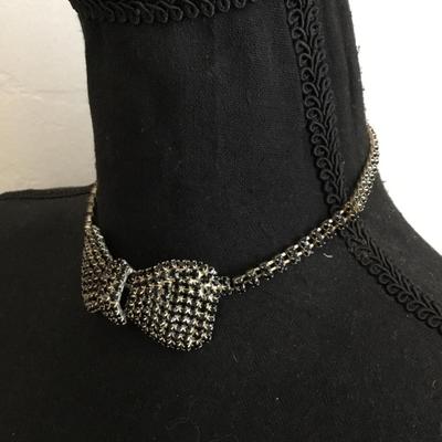 Vintage jet, black, rhinestone, bowtie necklace, silver toned
